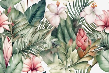 Green leaves of palm, monstera and hibiscus flowers on white background. Watercolor hand painted seamless border. Generative AI
