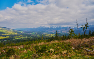 Panorama of snowy Tatra mountains in spring, south Poland