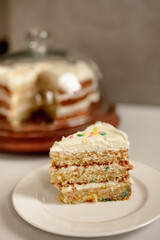 Funfetti Birthday Cake Slice with Colorful Fun Confetti Sprinkles and Frosting and Three Layered Cake in Modern Glass Covered Cake Stand in the Background	