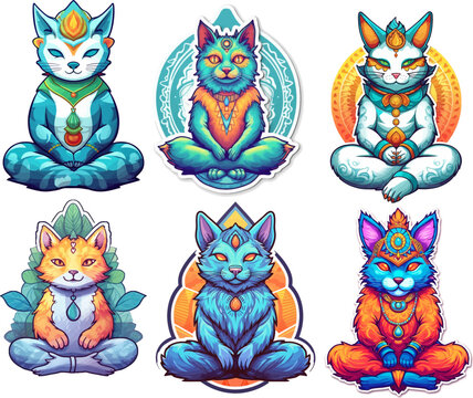 Collage of meditating cat stickers. Set of isolated vector illustrations of anthropomorphic yogi kittens colorful psychedelic cartoon style