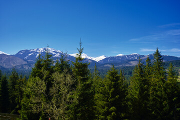 Panorama of snowy Tatra mountains in spring, south Poland