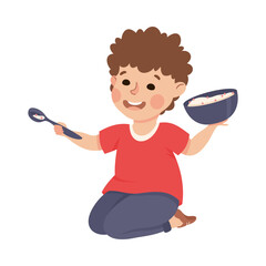 Cute preschool little boy sitting on floor holding bowl of porridge and spoon cartoon vector illustration