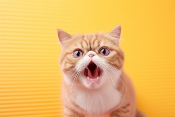 Lifestyle portrait photography of an angry exotic shorthair cat hopping against a pastel or soft colors background. With generative AI technology