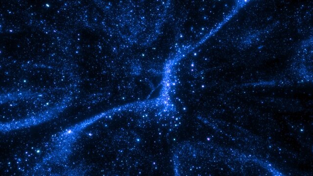 Blue abstract futuristic sparkling cosmic star dust particle banner background. 3D illustration design backplate with copy space. Space exploration and technology stage backdrop with magic pixie dust.