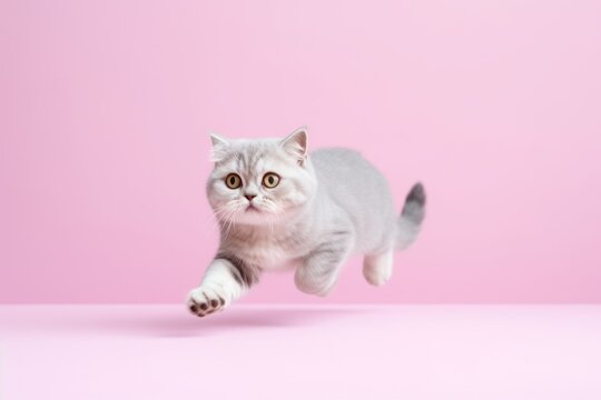 Full-length portrait photography of a curious scottish fold cat running against a pastel or soft colors background. With generative AI technology
