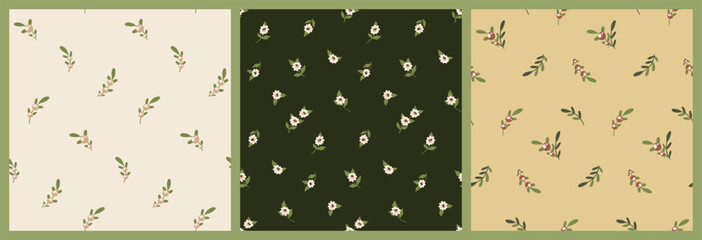 Seamless floral pattern, minimalistic ditsy print in a set. Cute botanical design in natural colors: small flowers, twigs, tiny berries, leaves in an abstract composition. Vector illustration. © Yulya i Kot