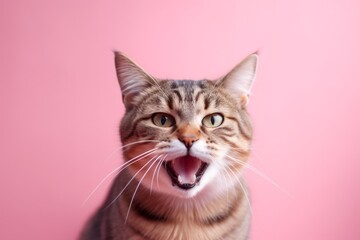 Studio portrait photography of an angry tabby cat investigating against a pastel or soft colors background. With generative AI technology