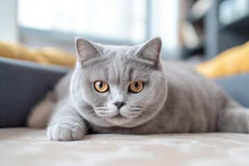 Lifestyle portrait photography of a smiling british shorthair cat playing against a cozy living room background. With generative AI technology