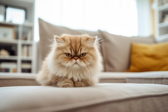 Environmental portrait photography of an angry persian cat investigating against a cozy living room background. With generative AI technology