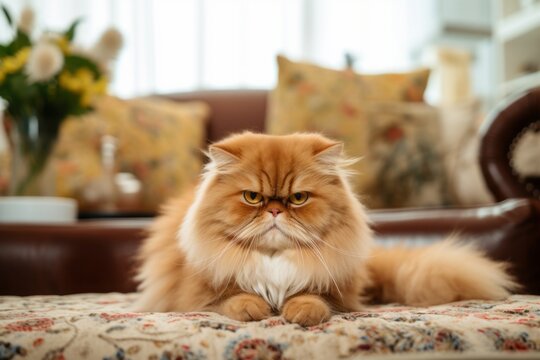 Environmental portrait photography of an angry persian cat investigating against a cozy living room background. With generative AI technology