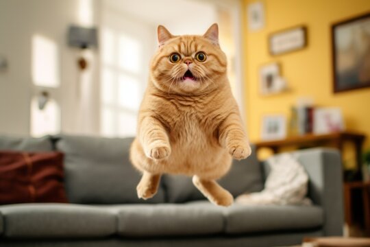 Full-length portrait photography of a curious exotic shorthair cat jumping against a cozy living room background. With generative AI technology