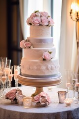Obraz na płótnie Canvas Beautiful designer wedding cake with floral decorations, Generative AI