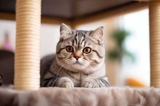 Environmental portrait photography of a happy scottish fold cat climbing against a cozy living room background. With generative AI technology