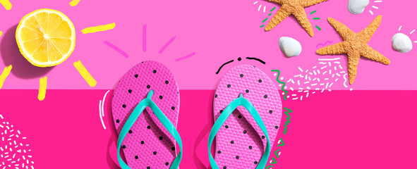 Summer concept with flip flops and lemon sunlight - flat lay