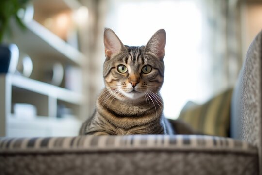 Environmental portrait photography of a curious american shorthair cat climbing against a cozy living room background. With generative AI technology