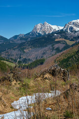 Panorama of snowy Tatra mountains in spring, south Poland