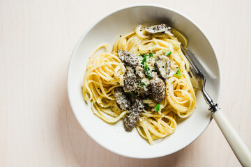 Linguine pasta with morels.