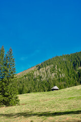 old wooden hut cabin in mountain tatry at rural fall landscape