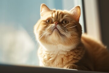 Conceptual portrait photography of a happy exotic shorthair cat climbing against a bright window. With generative AI technology
