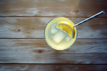 Glass of homemade lemonade on wooden table. AI generated image.