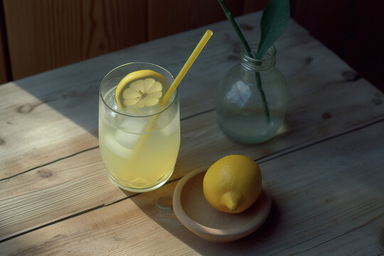 Glasses of homemade lemonade on wooden table. AI generated image.