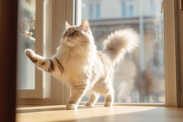 Group portrait photography of a curious neva masquerade cat playing against a bright window. With generative AI technology