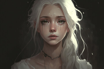 Anime female character with white hair, sad expression. Created with Generative AI.
