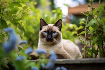 Group portrait photography of a smiling siamese cat back-arching against a garden backdrop. With generative AI technology - obrazy, fototapety, plakaty