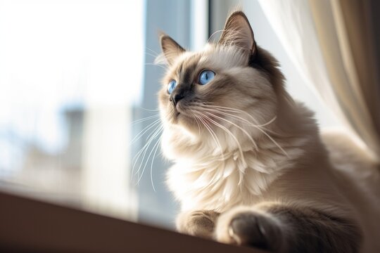 Lifestyle portrait photography of a curious sacred birman cat climbing against a bright window. With generative AI technology