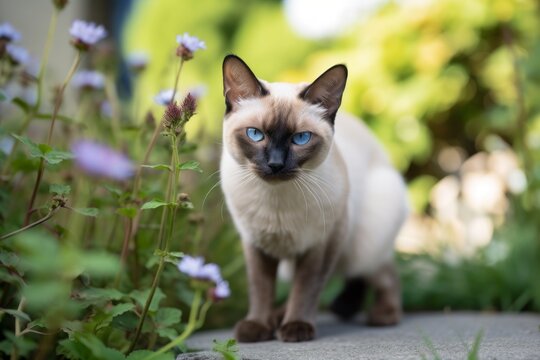Group portrait photography of a smiling siamese cat back-arching against a garden backdrop. With generative AI technology