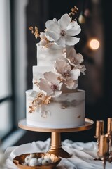 Beautiful designer wedding cake with floral decorations, Generative AI