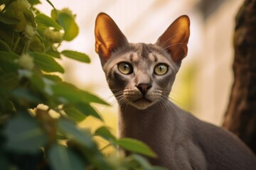 Environmental portrait photography of a happy oriental shorthair cat wall climbing against a garden backdrop. With generative AI technology