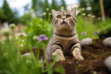 Naklejka na ściany i meble Full-length portrait photography of a curious scottish fold cat paw-licking against a garden backdrop. With generative AI technology
