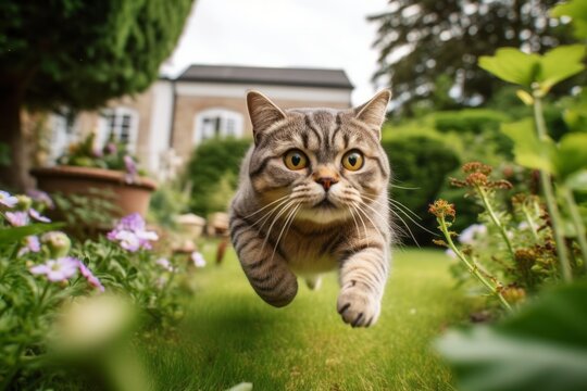 Medium shot portrait photography of a smiling scottish fold cat hopping against a garden backdrop. With generative AI technology