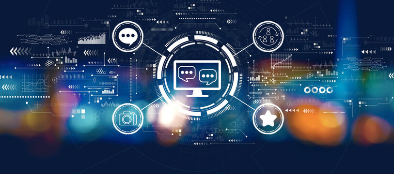 Social media theme with blurred city lights at night