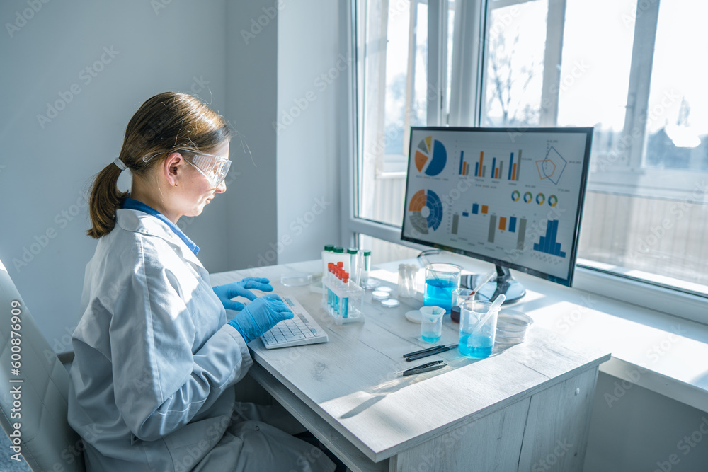 Poster a biologist uses computer programs to analyze research in a medical laboratory. a medical scientist 