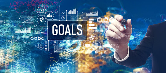 Goal theme with businessman in a bokeh neon light trails city night background