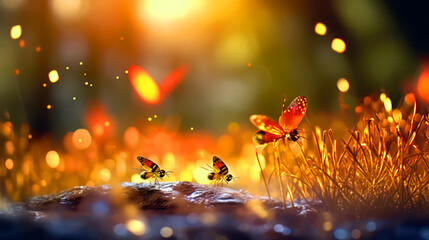 Magical bokeh effect image of fireflies dancing in the dark, with the blurred background creating an enchanting atmosphere. AI Generated