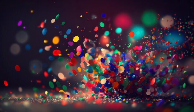 Decorative Playful bokeh effect image of colorful confetti falling against a blurred background for celebration, decoration AI Generated