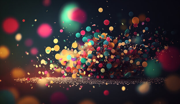 Playful bokeh effect image of colorful confetti falling against a blurred background. Decorative background AI Generated