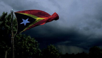 Timor Leste flag for any holiday on dark storm cumulus clouds - abstract 3D rendering