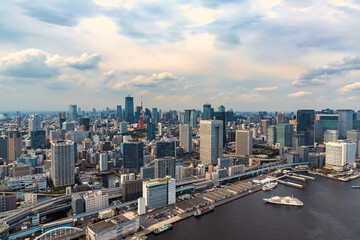Fototapeta na wymiar Aerial view of Odaiba Harbor in Minato City, Tokyo, Japan