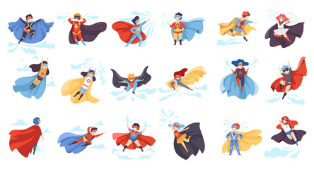 Kids Superhero in Mask and Cloak Flying and Rushing to Rescue Vector Set - obrazy, fototapety, plakaty
