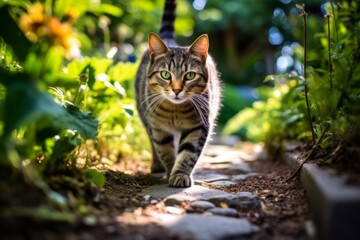 Medium shot portrait photography of a happy tabby cat paw-licking against a charming garden path. With generative AI technology