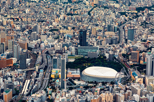 Aerial view of Tokyo Dome sports complex, in Bunkyo City, Tokyo, Japan