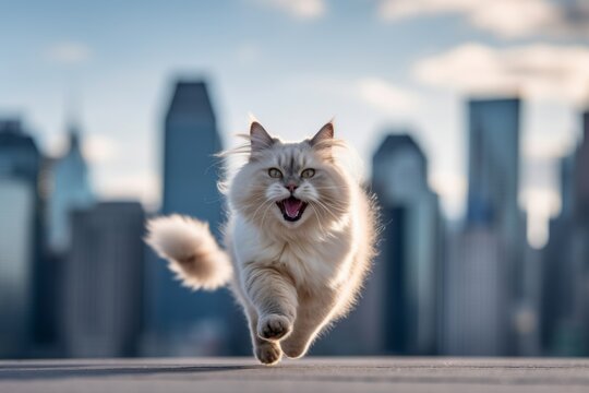 Lifestyle portrait photography of a smiling neva masquerade cat sprinting against a stunning skyline. With generative AI technology