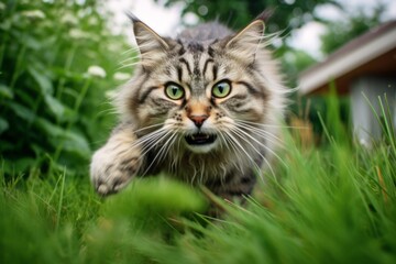 Naklejka na ściany i meble Medium shot portrait photography of a curious siberian cat pouncing against a lush green lawn. With generative AI technology