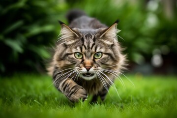Obraz premium Medium shot portrait photography of a curious siberian cat pouncing against a lush green lawn. With generative AI technology