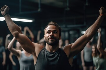 Naklejka na ściany i meble Portrait of a strong athletic man with arms raised in the gym, Generative AI