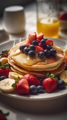  Stack of delicious pancakes with fresh berries for breakfast in plate on wooden table. AI generated